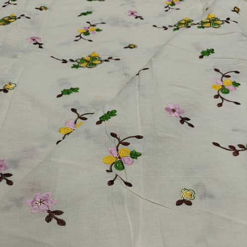 Dull White Embroidered Cotton Fabric