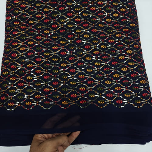 Navy Blue Embroidered Georgette Fabric - Image 2