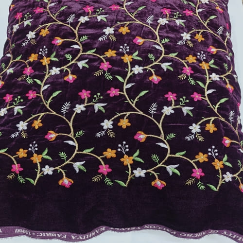 Dark Wine Embroidered Velvet Fabric - Image 2