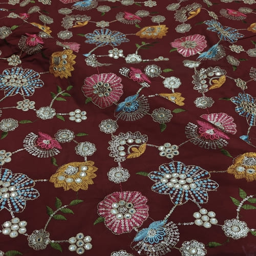 Maroon Embroidered Georgette Fabric - Image 2