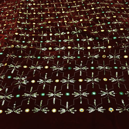 Dark Maroon Embroidered Velvet Fabric - Image 2